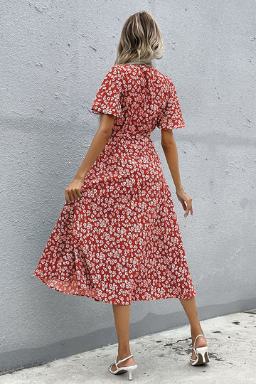 Floral Decote em V Vermelho Vestido Verão com Fenda
